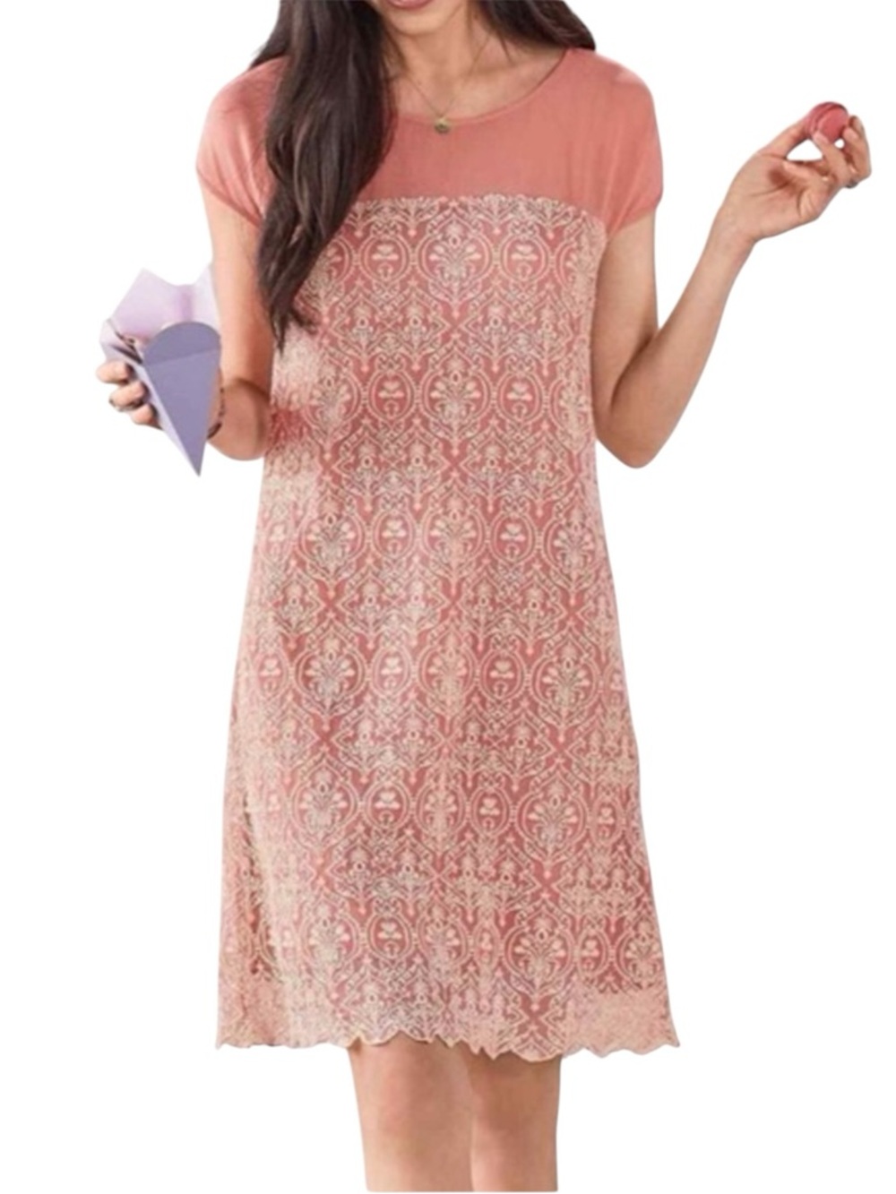Sundance Peach Coral Embroidered Short Sleeve Shift Dress Size Large